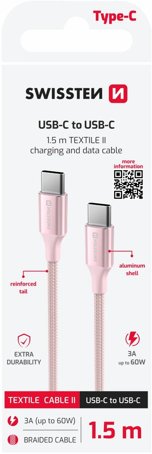 SWISSTEN TEXTILE II duomenų kabelis USB-C - USB-C 1,5 m rožinis