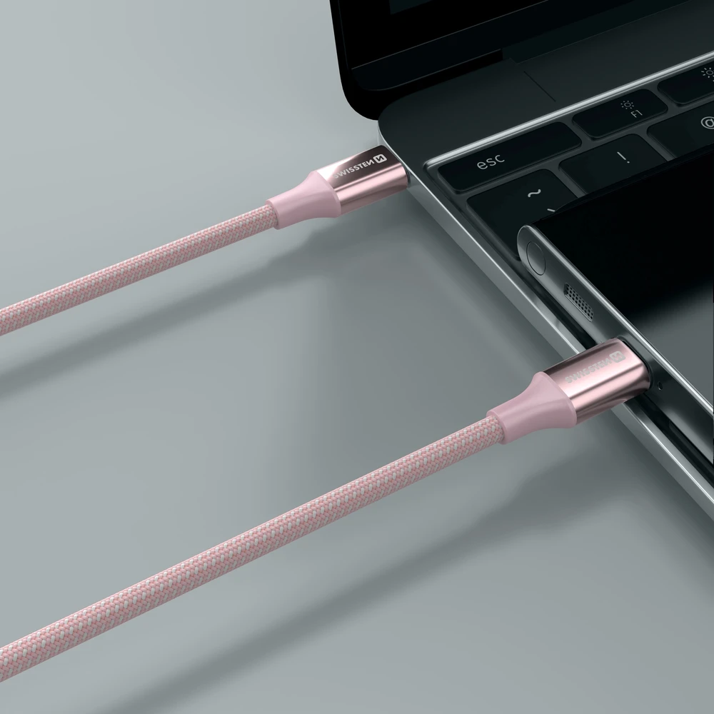 SWISSTEN TEXTILE II duomenų kabelis USB-C - USB-C 1,5 m rožinis