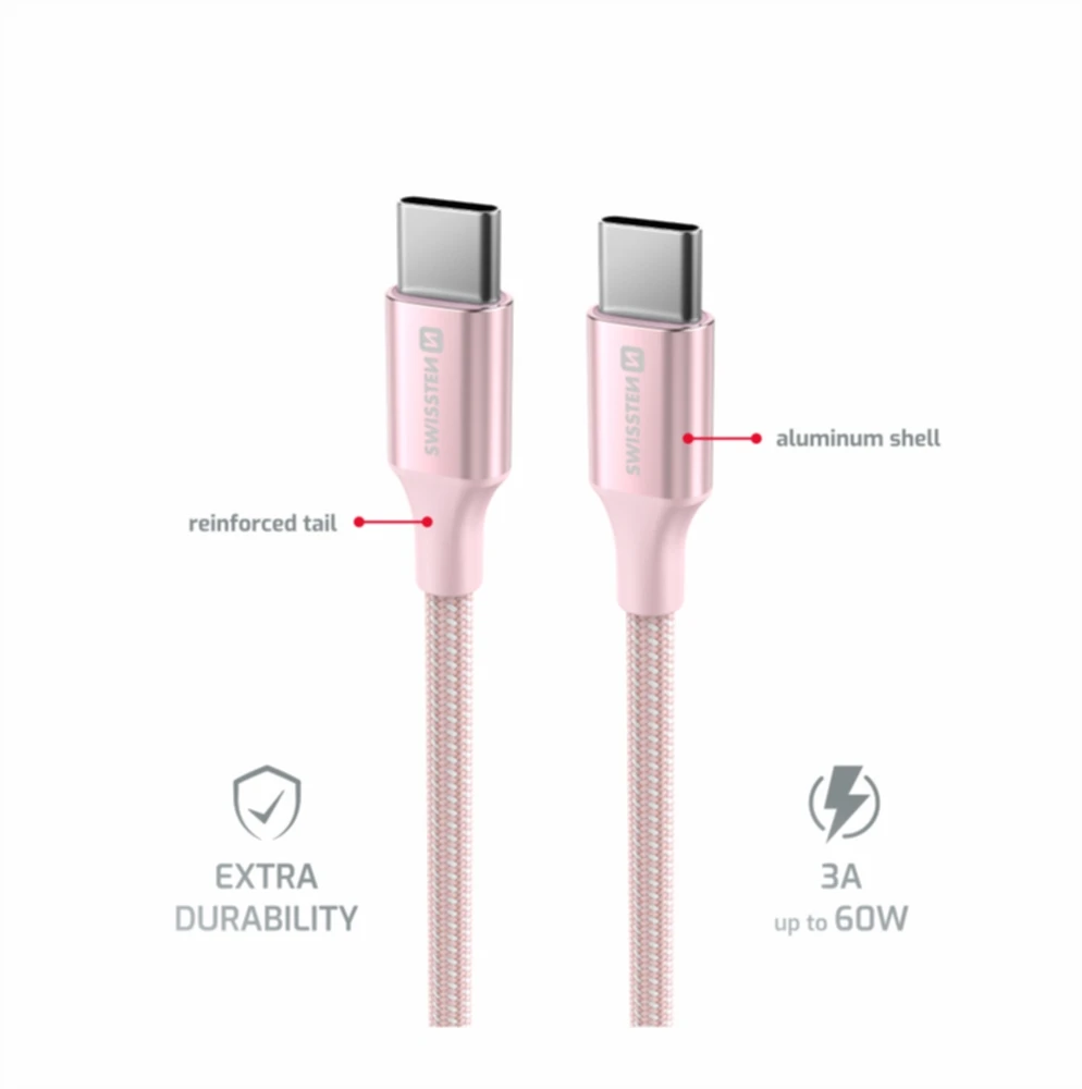SWISSTEN TEXTILE II duomenų kabelis USB-C - USB-C 1,5 m rožinis
