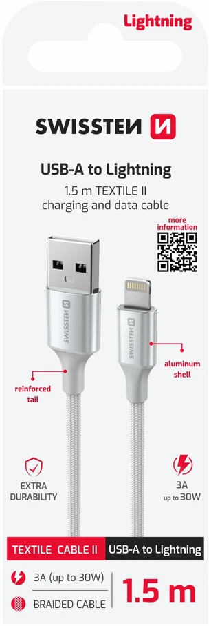 SWISSTEN TEXTILE II duomenų kabelis USB - Lightning 1,5m baltas