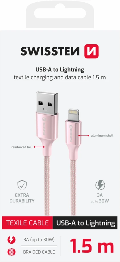 SWISSTEN TEXTILE II duomenų kabelis USB - Lightning 1,5m rožinis