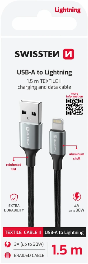 SWISSTEN TEXTILE II datový kabelis USB - Lightning 1.5m juoda