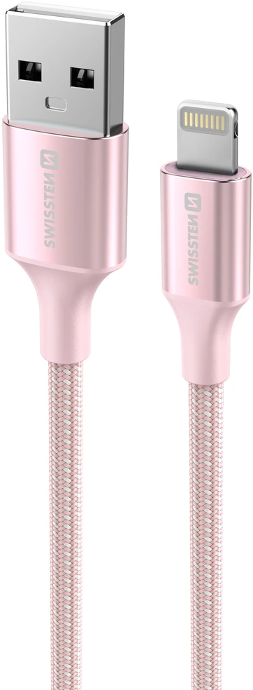 SWISSTEN TEXTILE II duomenų kabelis USB - Lightning 1,5m rožinis