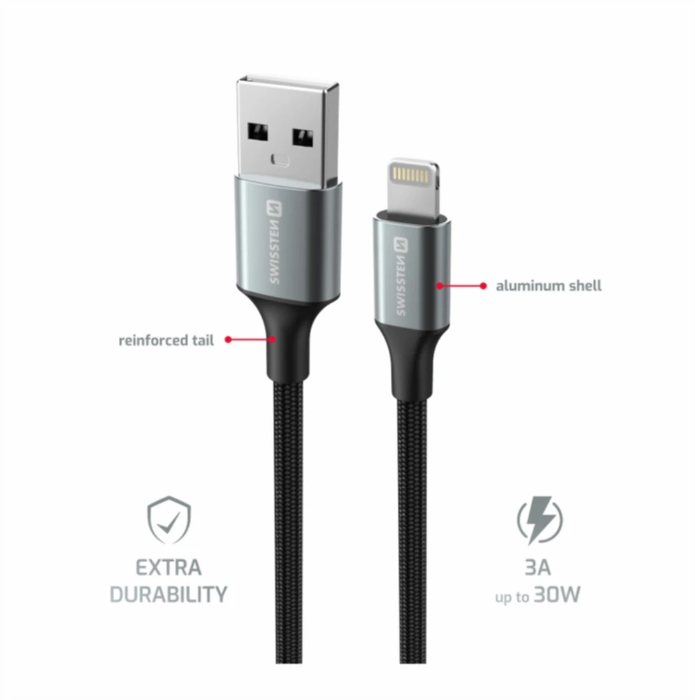 SWISSTEN TEXTILE II datový kabelis USB - Lightning 1.5m juoda