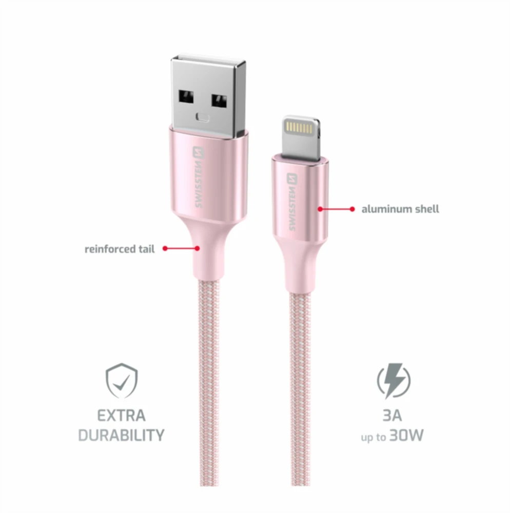 SWISSTEN TEXTILE II duomenų kabelis USB - Lightning 1,5m rožinis