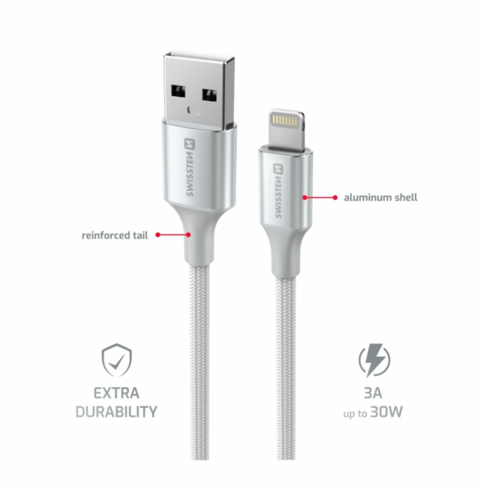 SWISSTEN TEXTILE II duomenų kabelis USB - Lightning 1,5m baltas