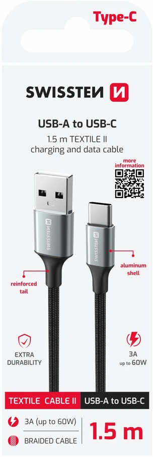 „Swissten Textile II USB - USB-C“ duomenų ir įkrovimo kabelis, 1,5 m