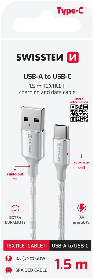 „Swissten Textile II USB - USB-C“ duomenų ir įkrovimo kabelis, 1,5 m