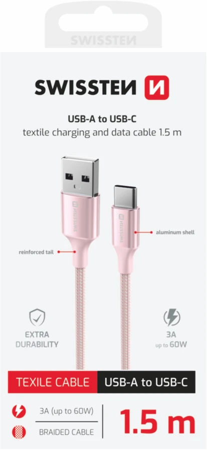 „Swissten Textile II USB - USB-C“ duomenų ir įkrovimo kabelis, 1,5 m