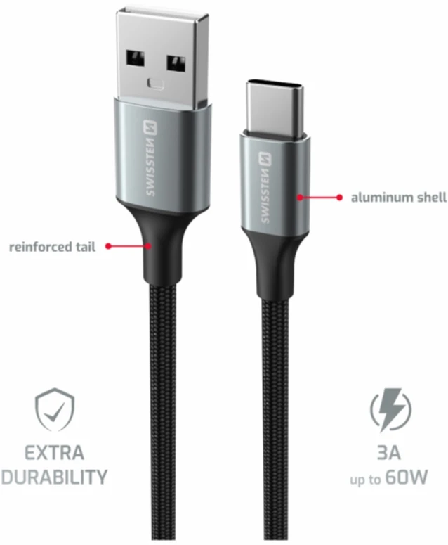 „Swissten Textile II USB - USB-C“ duomenų ir įkrovimo kabelis, 1,5 m