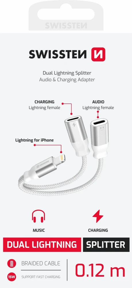 SWISSTEN TEXTILE Įkrovimo garso adapteris Lightning (M) - 2x Lightning (F) 0,12 m baltas
