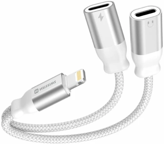 SWISSTEN TEXTILE Įkrovimo garso adapteris Lightning (M) - 2x Lightning (F) 0,12 m baltas
