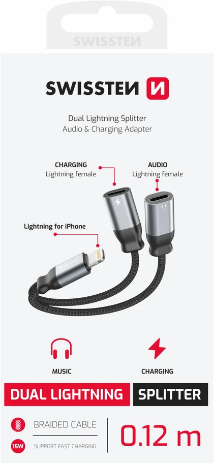„Swissten“ tekstiliniai „Lightning“ garso įkrovimo adapteriai, 2 x „Lightning“, 0,12 m