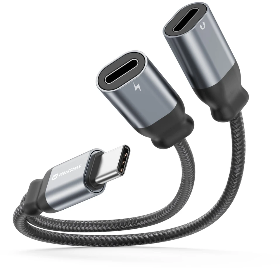 „Swissten“ tekstilinis USB-C garso įkrovimo adapteris, 2x USB-C, 0,12 m