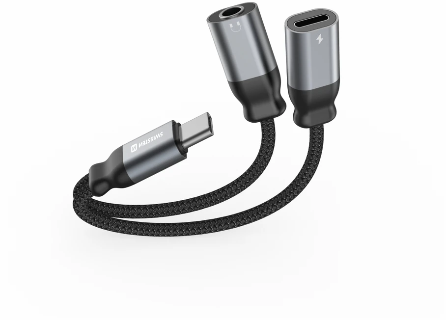 „Swissten Textile“ USB-C / USB-C / Aux 3,5 mm įkrovimo garso adapteris, 0,12 m