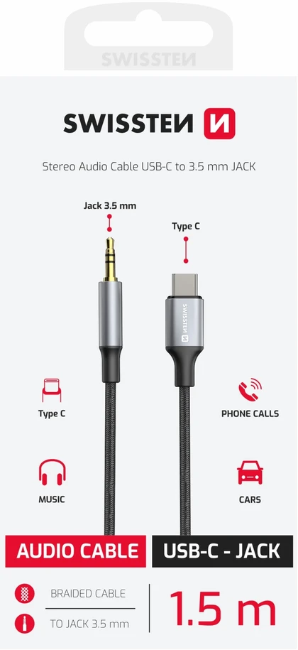 AV adapteris „Swissten Swissten“ garso adapteris tekstilinis USB-C - 3,5 mm lizdo kabelis 1,5 m