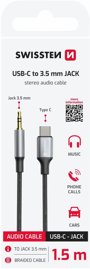 AV adapteris „Swissten Swissten“ garso adapteris tekstilinis USB-C - 3,5 mm lizdo kabelis 1,5 m