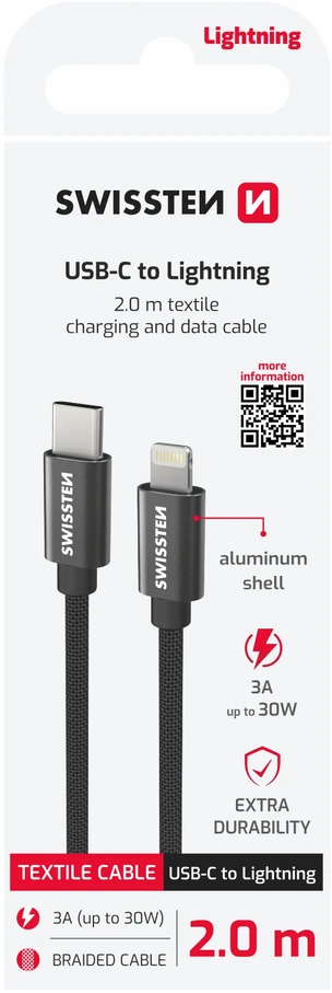 „Swissten Textile“ universalus greitas įkrovimas 3.1 USB-C prie „Lightning Data“ ir 2 m įkrovimo laidas
