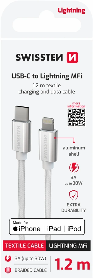 Kabelio / USB -C kabelis / „Lightning MFI“ 1,2 M Swissten - sidabras