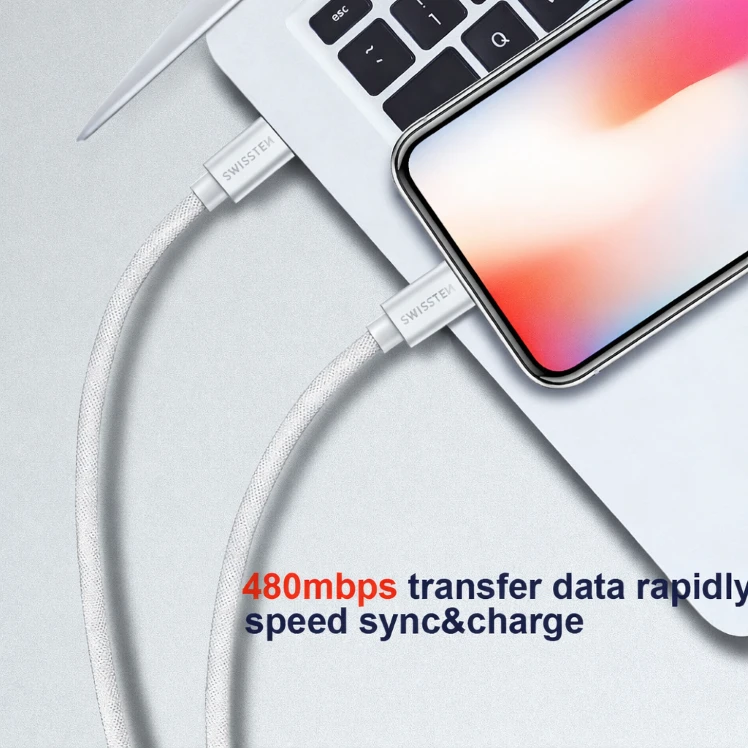 Kabelio / USB -C kabelis / „Lightning MFI“ 1,2 M Swissten - sidabras