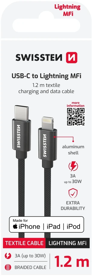 Swissten tekstylny USB-C - Lightning mFi 1.2m juoda