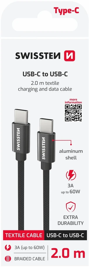 Swissten Textile Universal Quick Charge 3.1 USB-C į USB-C duomenų ir įkrovimo laidas 2m