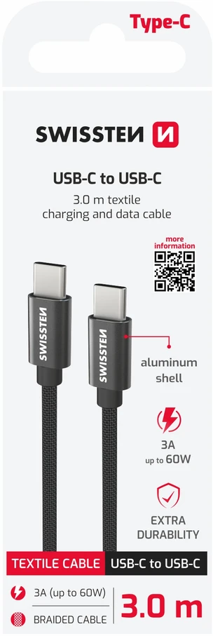 „Swissten Textile“ universalus greito įkrovimo 3.1 USB-C / USB-C duomenų ir įkrovimo laidas, 3 m, juodas