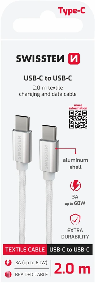 Swissten Textile Universal Quick Charge 3.0 USB-C į USB-C duomenų ir įkrovimo laidas 2 m