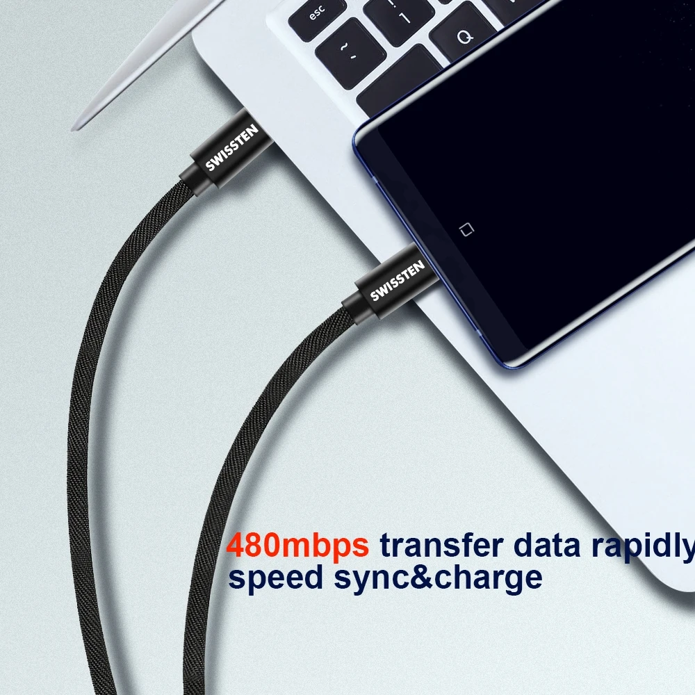 USB kabelis Swissten Swissten Textile Universal Quick Charge 3.1 USB-C / USB-C duomenų ir įkrovimo kabelis 0.2m sidabrinis