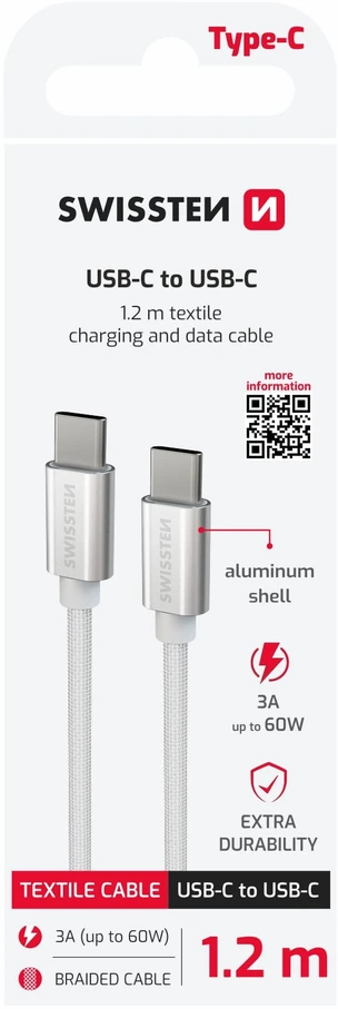 Swissten Textile Universal Quick Charge 3.0 USB-C į USB-C duomenų ir įkrovimo laidas 1,2 m