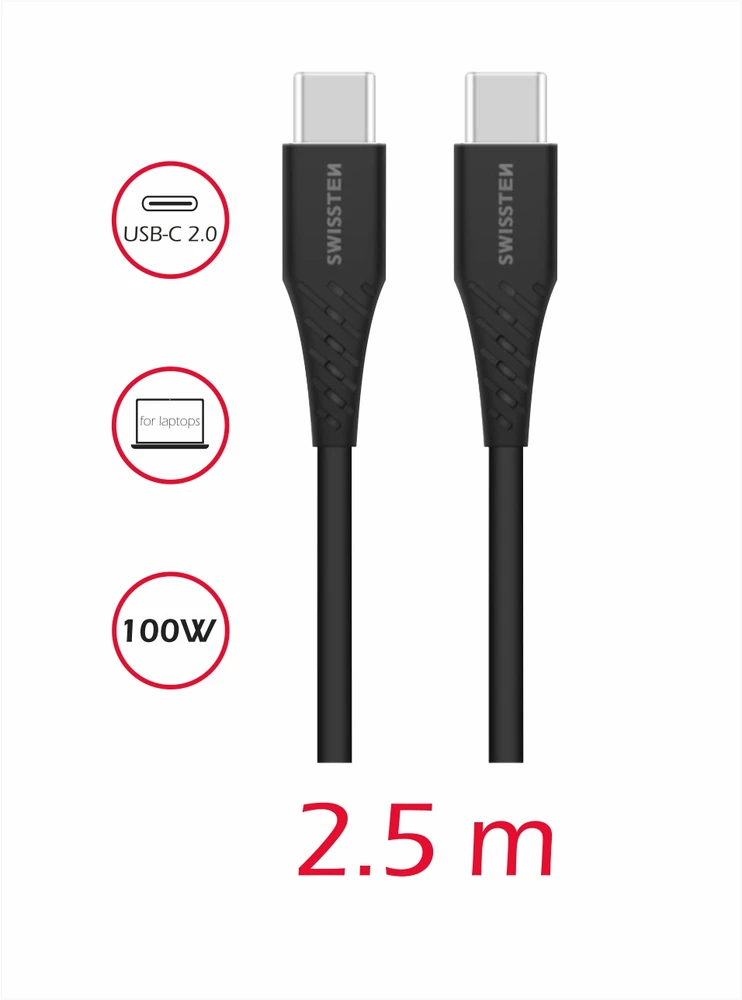 Swissten PD 5A 100 W USB-C duomenų ir įkrovimo laidas 2,5 m