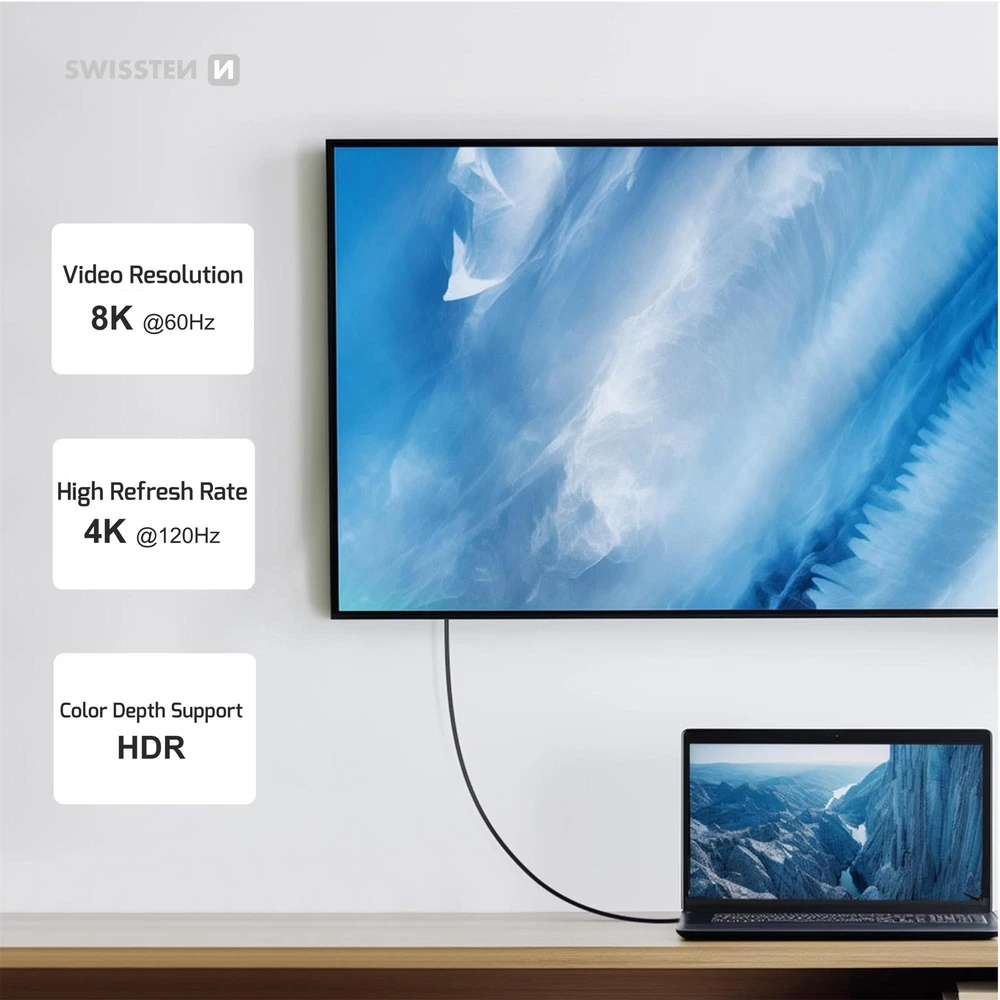 „Swissten TB3“ ir „TB4“ / USB 4.0 / 8K@60Hz / 40 Gb/s / 240 W USB-C duomenų ir vaizdo kabelis, 0,5 m