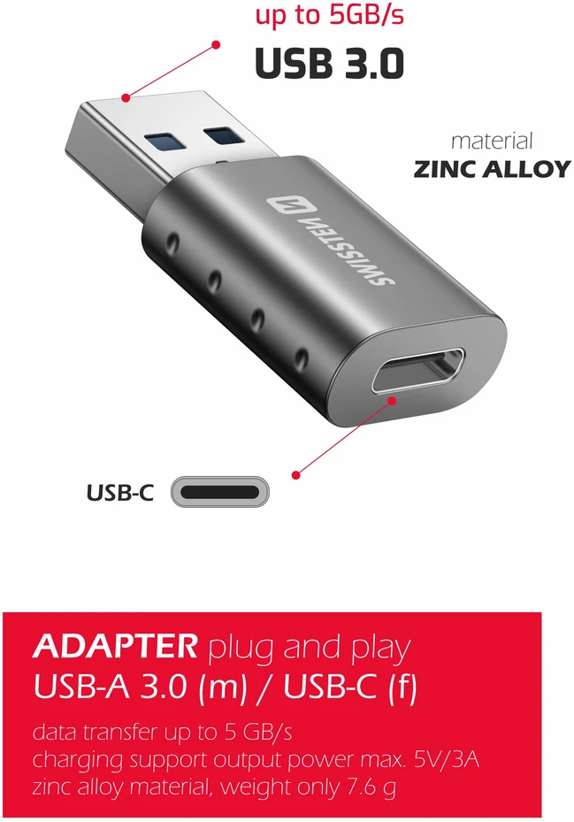 Adapteris USB Swissten 55500200 USB-A - USB-C Sidabrinė (55500200)