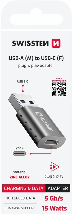Adapteris USB Swissten 55500200 USB-A - USB-C Sidabrinė (55500200)
