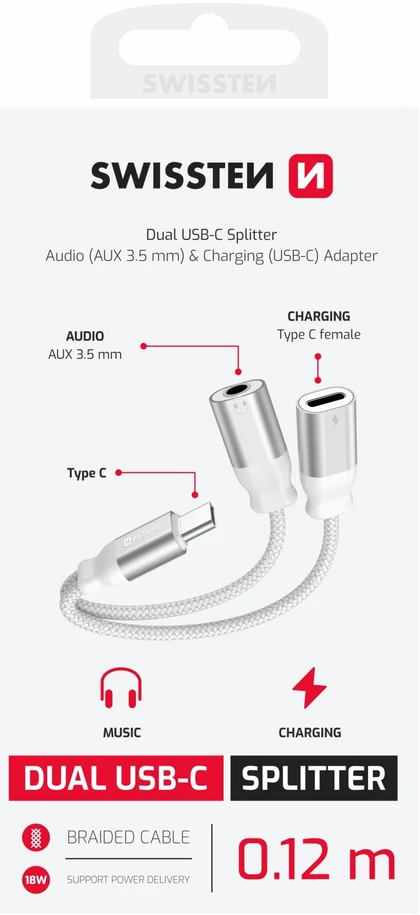 SWISSTEN TEXTILE Įkrovimo garso adapteris USB-C (M) - USB-C (F) - 3,5 mm lizdas, 0,12 m baltas