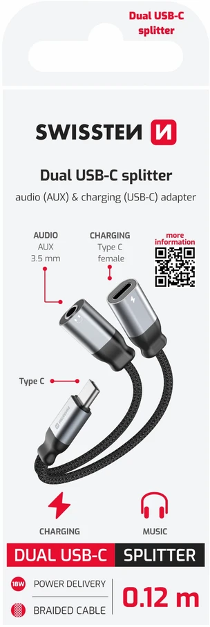 „Swissten Textile“ USB-C / USB-C / Aux 3,5 mm įkrovimo garso adapteris, 0,12 m