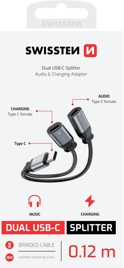 „Swissten“ tekstilinis USB-C garso įkrovimo adapteris, 2x USB-C, 0,12 m