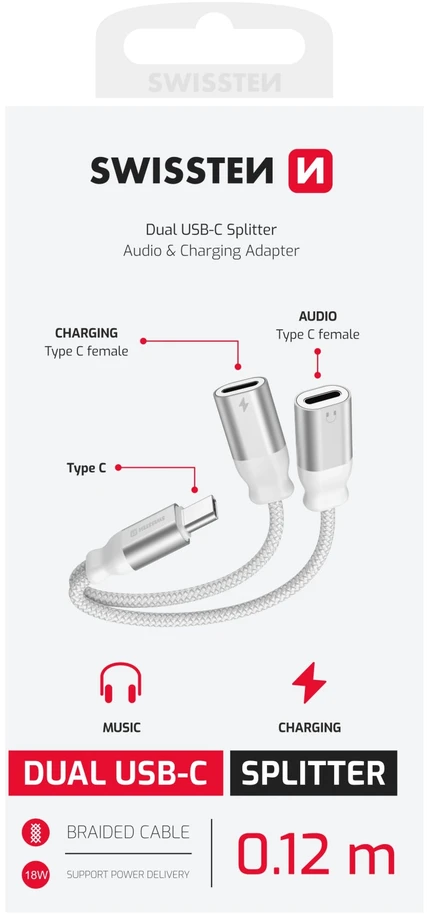 SWISSTEN TEXTILE Įkrovimo garso adapteris USB-C (M) - 2x USB-C (F) 0,12 m baltas