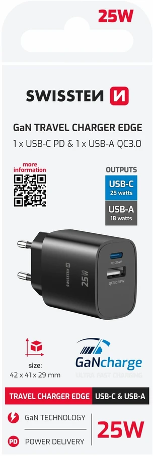 „Swissten“ kelioninis įkroviklis „Edge GaN USB-A 18W / USB-C 25W“, juodas
