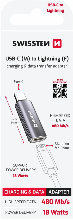 „Swissten Textile“ USB-C / „Lightning“ adapteriai