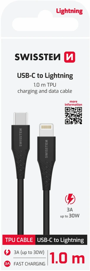 Swissten USB-C - Lightning 1.0m juoda