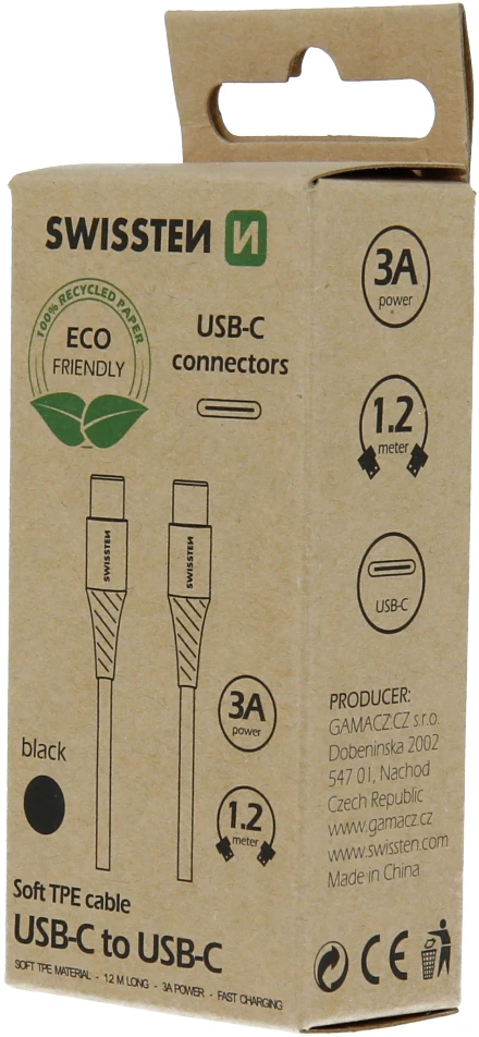SWISSTEN datový kabelis USB-C - USB-C 1.2m juoda (ECO BALENÍ)