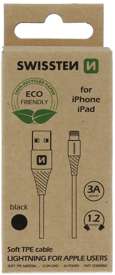 Kabelis USB Swissten USB-A - Lightning 1.2 m Juodas (71502300ECO*)