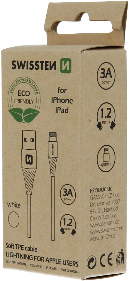 „Swissten Eco Friendly“ greito įkrovimo 3A „Lightning Data“ ir įkrovimo laidas, 1,2 m