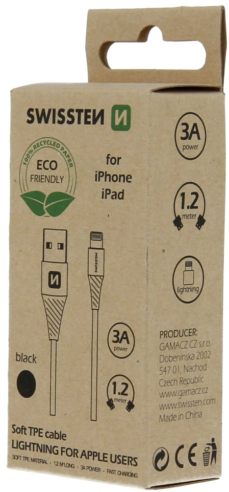 Kabelis USB Swissten USB-A - Lightning 1.2 m Juodas (71502300ECO*)