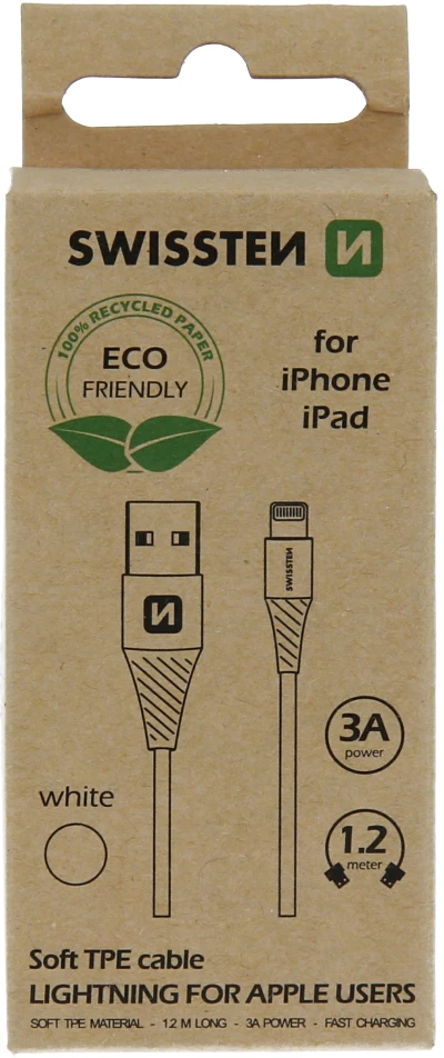 „Swissten Eco Friendly“ greito įkrovimo 3A „Lightning Data“ ir įkrovimo laidas, 1,2 m