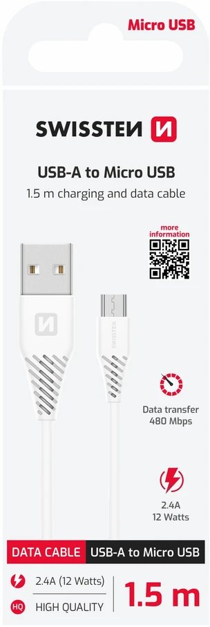 Kabelis USB Swissten USB-A - micro-B 1.5 m Baltas (71504300)