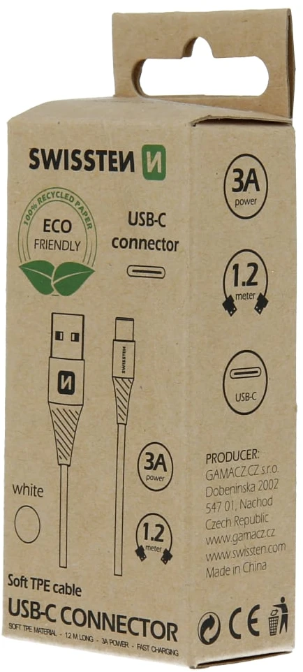 „Swissten“ ekologiškas universalus greito įkrovimo USB-C duomenų ir įkrovimo laidas, 1,2 m