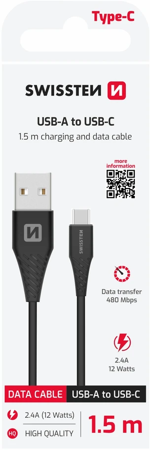 Swissten USB - USB-C 3.1 1.5m (7mm) juoda
