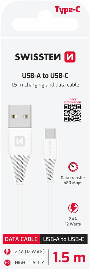 SWISSTEN duomenų kabelis USB - USB-C 3.1 (7mm) baltas 1.5m